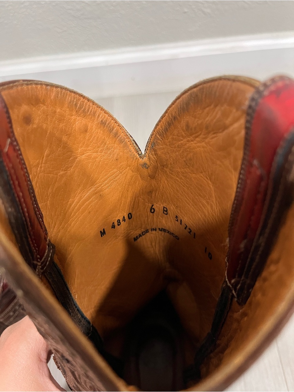 Lucchese Brown Leather Cowboy Boots with Red Inlay - Picture 4 of 10